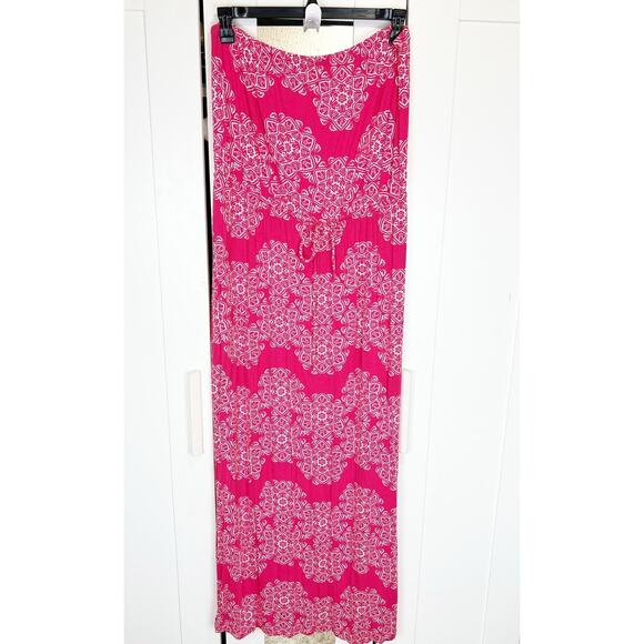 Old Navy Pink Geometric Floral Knit Strapless Drawstring Tube Midi Dress Size XL - Picture 1 of 11